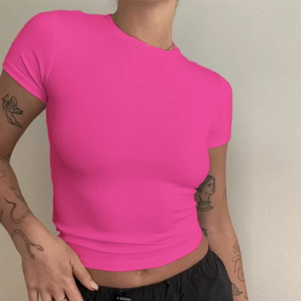 Camiseta de mujer de manga corta, corte ajustado, cuello redondo y tejido de punto, estilo urbano y deportivo Y2K 2024 (Modelo New2410) - Imagen 4