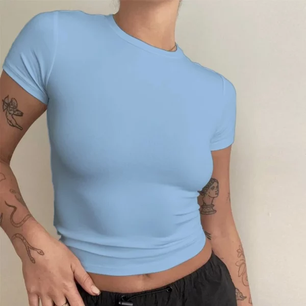 Camiseta de mujer de manga corta, corte ajustado, cuello redondo y tejido de punto, estilo urbano y deportivo Y2K 2024 (Modelo New2410) - Imagen 6